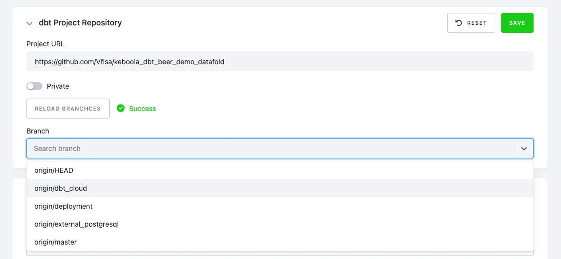 The Branch dropdown expanded after a successful Reload Branches, listing origin/HEAD, origin/dbt_cloud, origin/deployment, and other branches