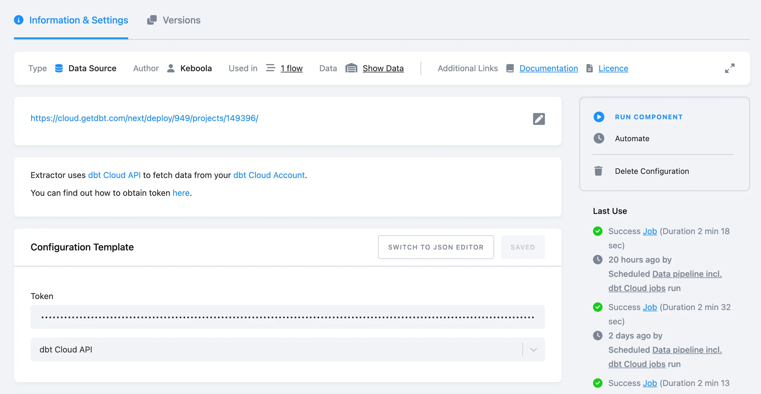 The dbt Cloud API data source connector — the dbt Cloud project URL, a Token field, and the Configuration Template set to dbt Cloud API