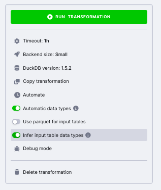 The transformation settings panel with the Infer input table data types toggle enabled